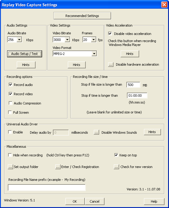 recommended settings box